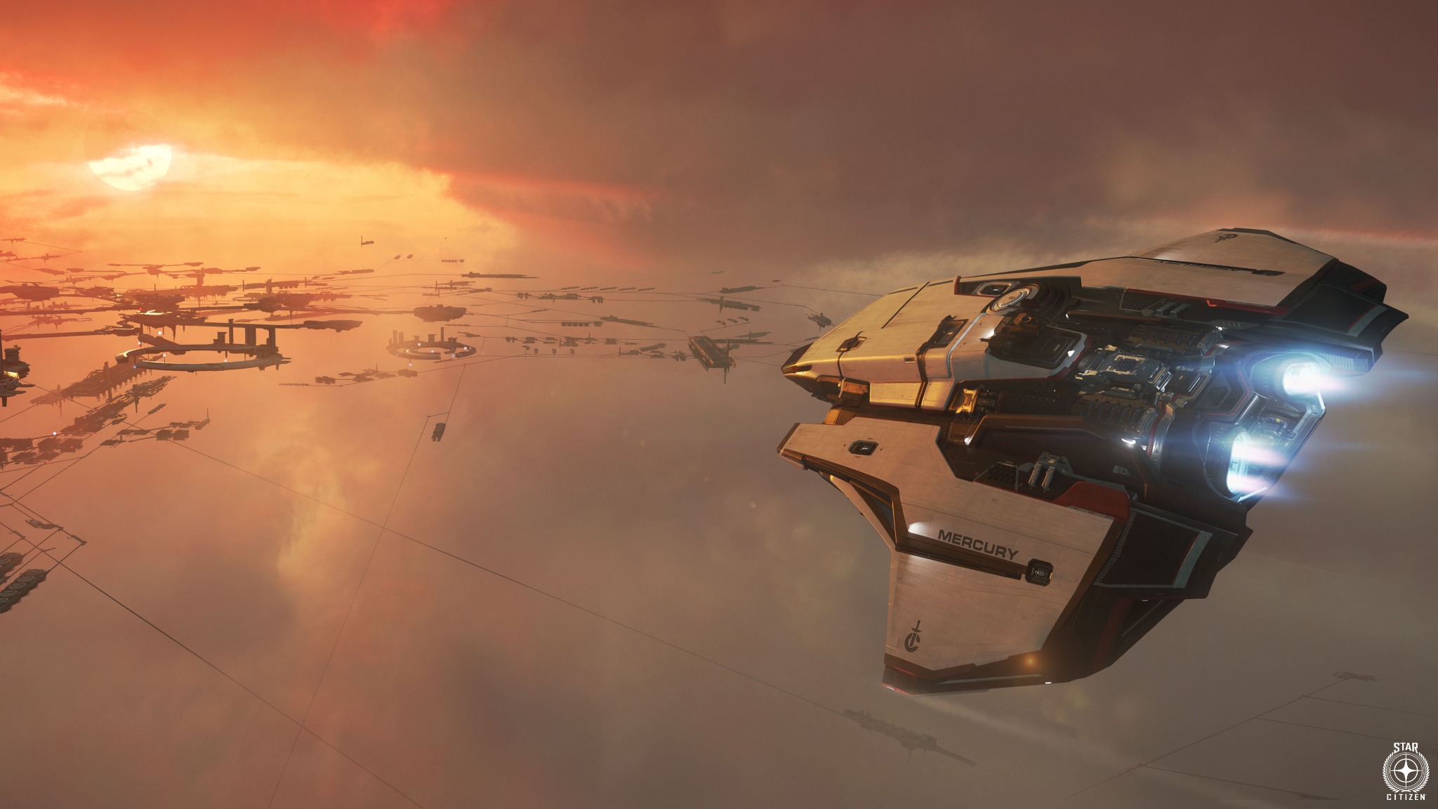 Official Star Citizen image of a Mercury ship at sunset